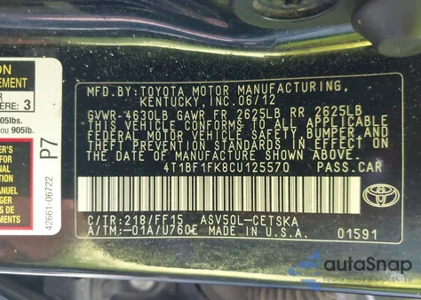 2012 Toyota Camry Se из США, поврежденный, VIN 4T1BF1FK8CU125570